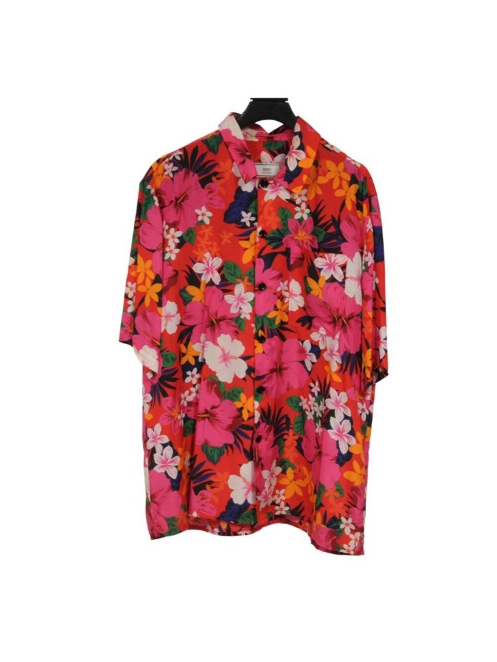 Ami Mens Camp Collar Floral Shirt Size XL Pink Red White Viscose Button Down